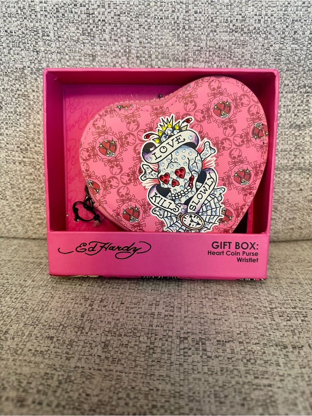 Ed Hardy Pink Heart-Shaped Coin Purse Wristlet Y2K NIB